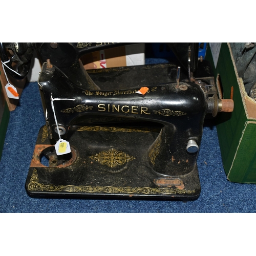 484 - FOUR BOXES OF METALWARE AND TWO SINGER SEWING MACHINES IN NEED OF RESTORATION, the boxes include sew... 