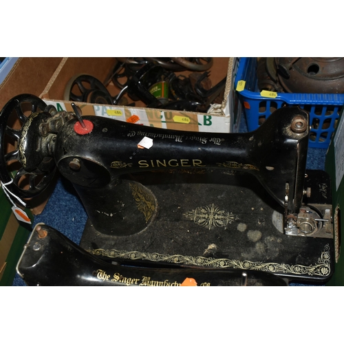 484 - FOUR BOXES OF METALWARE AND TWO SINGER SEWING MACHINES IN NEED OF RESTORATION, the boxes include sew... 