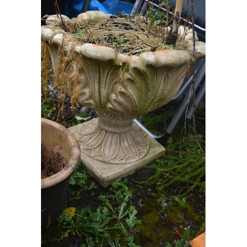 1011 - A GARDEN URN, with foliate and leaf detail, diameter 50cm x height 45cm, four small, glazed pots, an... 