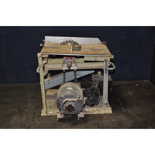 1072 - AN UNBRANDED BELT DRIVEN TABLE SAW, and stand (condition: untested due to uninsulated cable, signs o... 