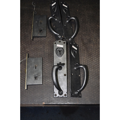 1078 - TWO PAIRS OF CAST IRON DOOR HANDLES, with thumb latch and boobbyer locking mechanism, both with keys