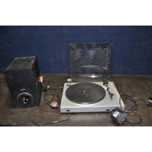 1087 - AN ION TTUSB05 TURNTABLE with USB facility (lid hinge broken) and a Creative T7700 sub-woofer (both ... 