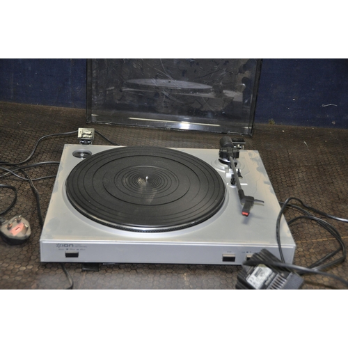 1087 - AN ION TTUSB05 TURNTABLE with USB facility (lid hinge broken) and a Creative T7700 sub-woofer (both ... 