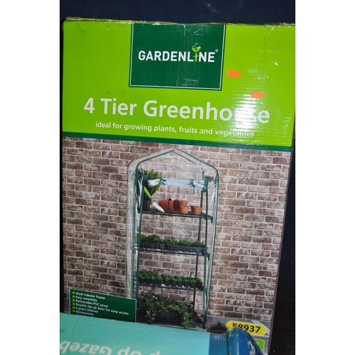 1094 - A BOXED GARDENLINE POP UP GAZEBO in green, stated size 3m x 3m x2.6m (unchecked) and a 4 tier Greenh... 