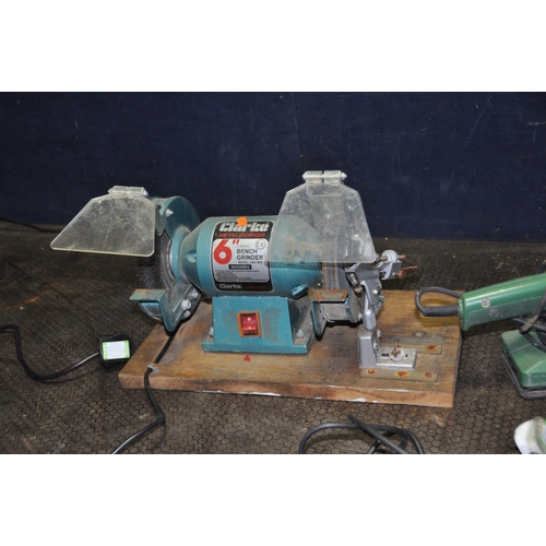 1098 - A CLARKE 6in BENCH GRINDER with wire wheel and drill sharpening attachment (switch broken), a Black ... 