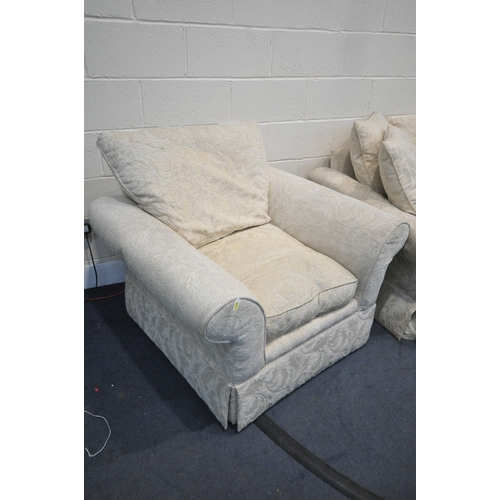 1202 - A FLORAL CREAM THREE PIECE LOUNGE SUITE, comprising a three seater settee, 230cm x depth 100cm x hei... 