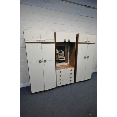 1205 - A CREAM AND TEAK THREE SECTION BEDROOM FITMENT, overall width 246cm x each section width 85cm x dept... 