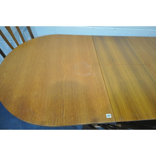 1207 - A MID CENTURY S FORM TEAK EXTENDING DINING TABLE, with a single additional length 213cm x closed 177... 