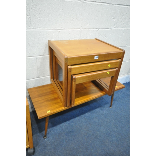 1208 - A MID CENTURY TEAK NEST OF THREE TABLES, width 50cm x depth 42cm x height 43cm, a teak coffee table,... 