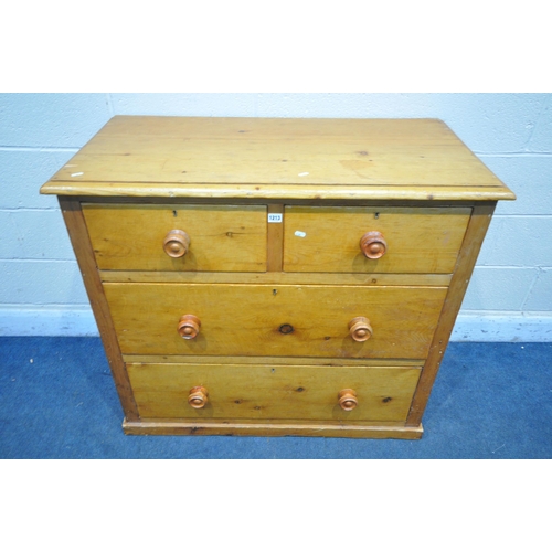 1213 - A VICTORIAN PINE CHEST OF TWO SHORT OVER TWO LONG DRAWERS, width 107cm x depth 54cm x height 96cm (c... 