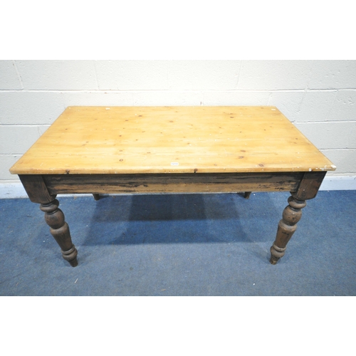 1214 - A VICTORIAN STYLE PINE KITCHEN TABLE, on turned legs, width 137cm x depth 74cm x height 77cm (condit... 