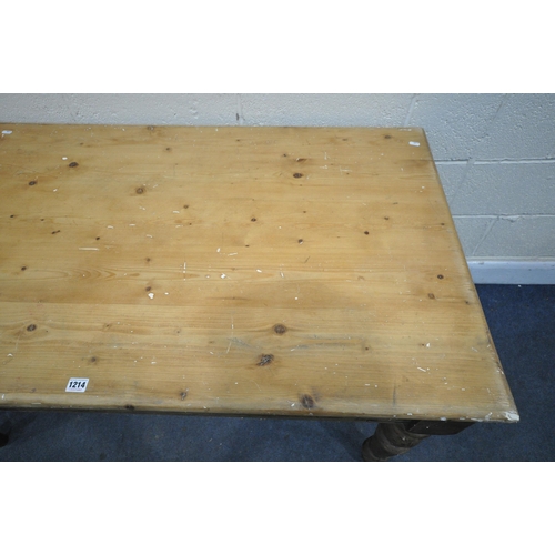 1214 - A VICTORIAN STYLE PINE KITCHEN TABLE, on turned legs, width 137cm x depth 74cm x height 77cm (condit... 