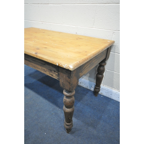 1214 - A VICTORIAN STYLE PINE KITCHEN TABLE, on turned legs, width 137cm x depth 74cm x height 77cm (condit... 