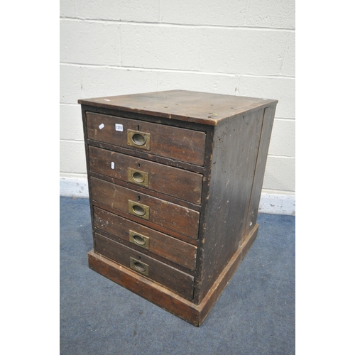 1215 - A 19TH CENTURY OAK CHEST OF FIVE DRAWERS, with brass campaign handles, width 55cm x depth 70cm x hei... 