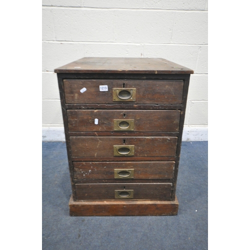 1215 - A 19TH CENTURY OAK CHEST OF FIVE DRAWERS, with brass campaign handles, width 55cm x depth 70cm x hei... 