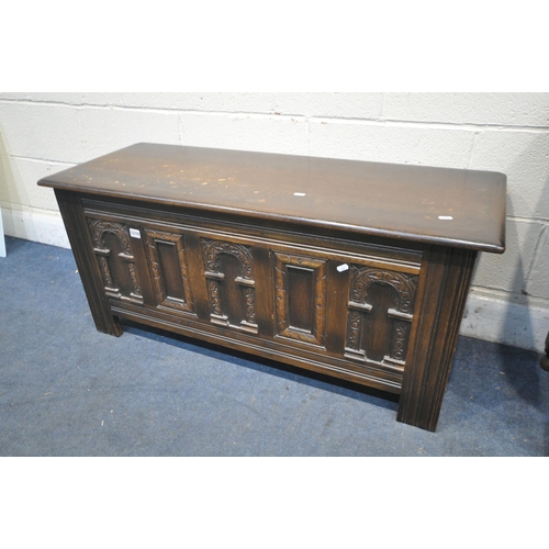 1219 - AN OAK BLANKET CHEST, width 144cm x depth 44cm x height 42cm, along with an oak barley twist gate le... 