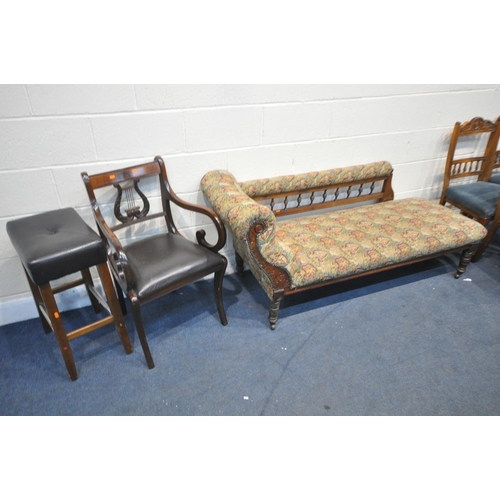 1228 - AN EDWARDIAN MAHOGANY CHAISE LONGUE, length 160cm, four chairs, along with a lyre back armchair, and... 