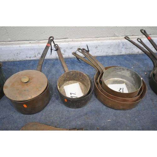 1234 - A LARGE SELECTION OF COPPER PANS AND SINGLE HANDLE BUCKETS, of various styles and sizes, along with ... 