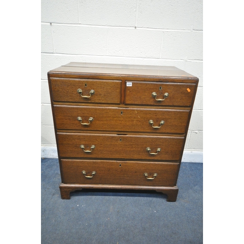 1237 - A GEORGIAN OAK CHEST OF TWO SHORT OVER THREE LONG DRAWERS, with brass swan neck handles, on bracket ... 