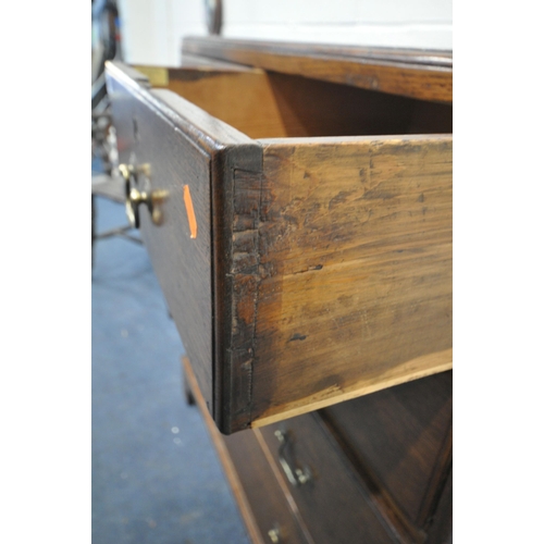 1237 - A GEORGIAN OAK CHEST OF TWO SHORT OVER THREE LONG DRAWERS, with brass swan neck handles, on bracket ... 