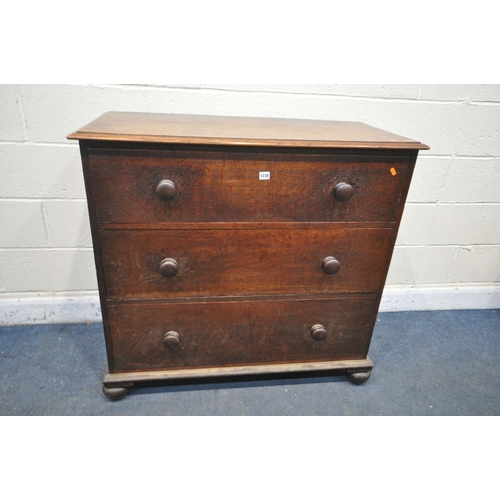 1238 - A 19TH CENTURY OAK CHEST OF THREE DRAWERS, with turned handles, width 104cm x depth 52cm x height 99... 