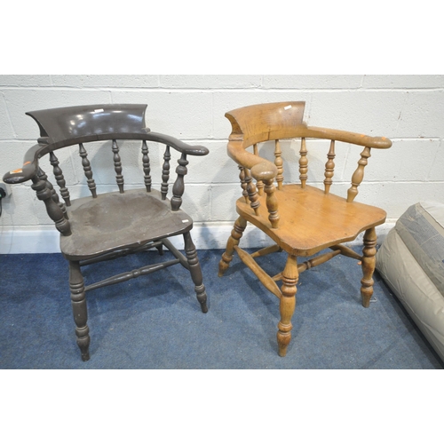 1242 - A 19TH CENTURY ELM BOW TOP SMOKERS ARMCHAIR, along with a similar stained smokers armchair (conditi... 