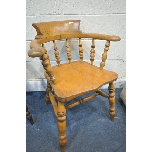 1242 - A 19TH CENTURY ELM BOW TOP SMOKERS ARMCHAIR, along with a similar stained smokers armchair (conditi... 