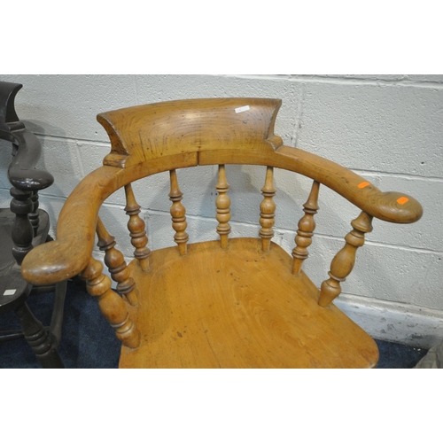 1242 - A 19TH CENTURY ELM BOW TOP SMOKERS ARMCHAIR, along with a similar stained smokers armchair (conditi... 