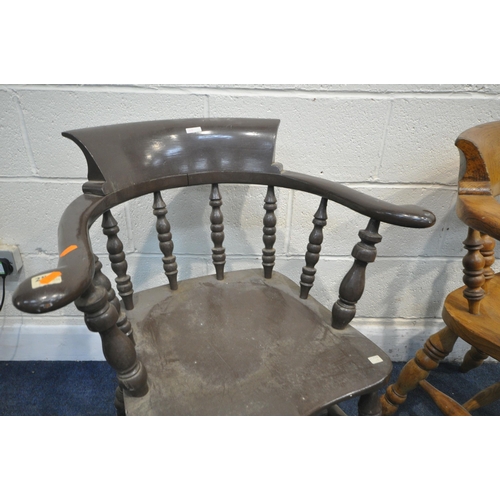 1242 - A 19TH CENTURY ELM BOW TOP SMOKERS ARMCHAIR, along with a similar stained smokers armchair (conditi... 