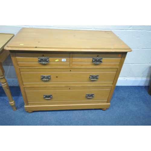 1246 - AN EDWARDIAN SATINWOOD CHEST OF TWO SHORT AND TWO LONG DRAWERS, on bun feet, width 103cm x depth 50c... 