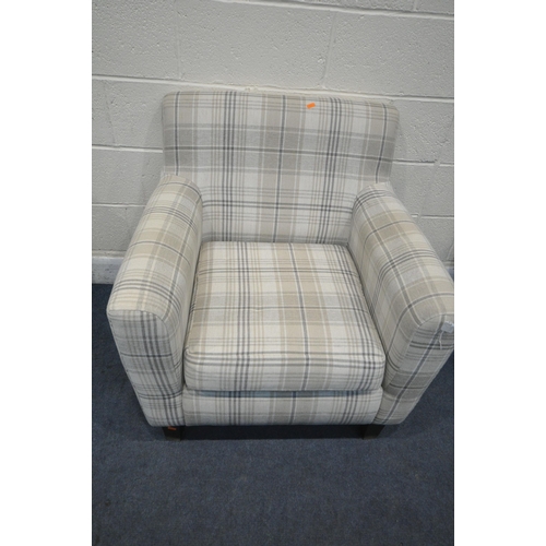 1254 - A BEIGE TARTAN UPHOLSTERED ARMCHAIR, width 82cm x depth 77cm x height 81cm, and a blue buttoned chai... 