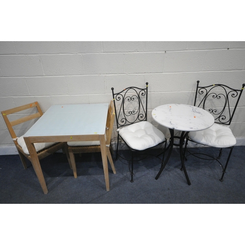 1255 - A WROUGHT IRON CIRCULAR MARBLE TOP TABLE, diameter 60cm x height 74cm, two chairs, and a beech glass... 