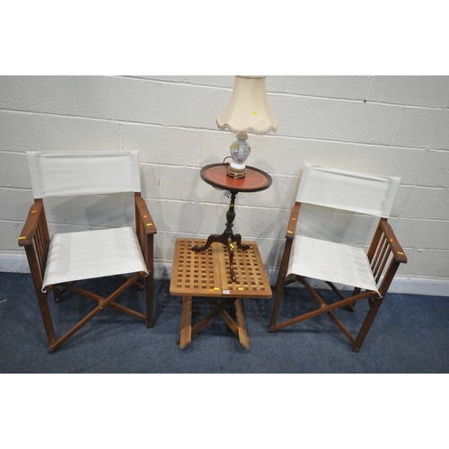 1257 - A PAIR OF FOLDING DIRECTORS CHAIRS, along with a folding lamp table, mahogany wine table and a table... 