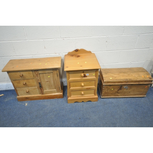 1268 - A SMALL VICTORIAN STYLE DOMED TOP TRUNK, width 69cm x depth 34cm x height 39cm, a pine cabinet with ... 