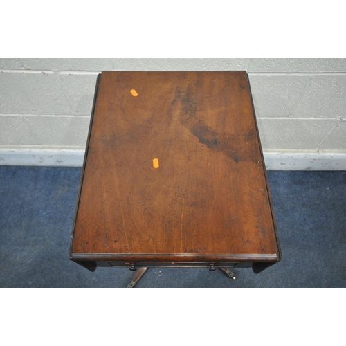 1278 - A REGENCY MAHOGANY DROP LEAF WORKTABLE, with two drawers, on a turned support and four shaped legs w... 