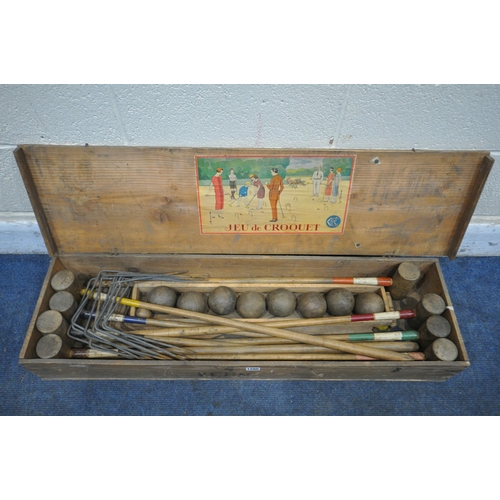 1280 - A VINTAGE PINE BOXED CROQUET SET, the lid reading Jeu De Croquet, width 102cm x depth 29cm x height ... 