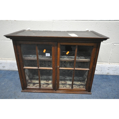 1281 - AN OAK WALL MOUNTED GLAZED TWO DOOR CABINET, width 71cm x depth 36cm x height 53cm (condition report... 