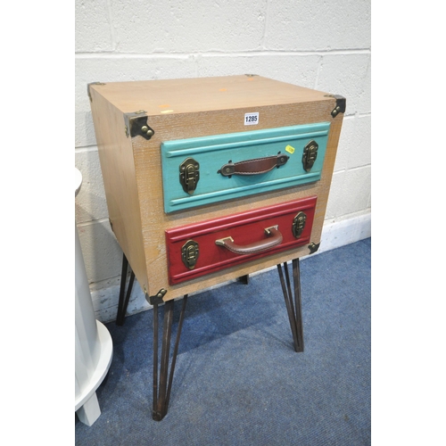 1285 - A TWO DRAWER SUITCASE STYLE UNIT, on hairpin legs, width 48cm x depth 40cm x height 79cm, along with... 