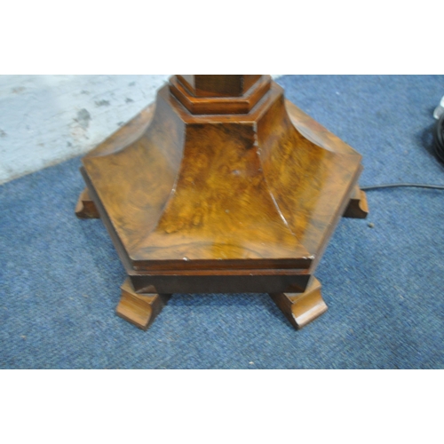 1286 - AN ART DECO WALNUT HEXAGOANAL STANDARD LAMP, height 148cm (condition report: base needs tightening)