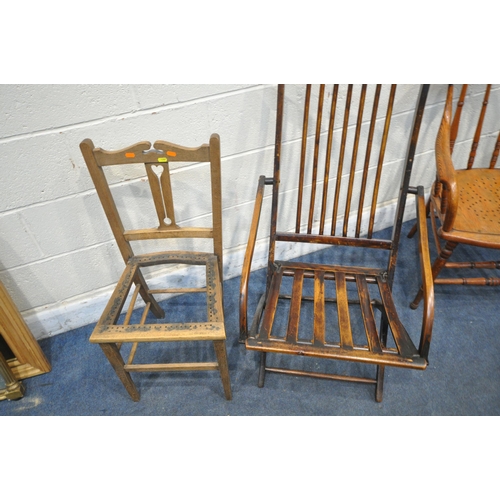 1287 - A BENTWOOD STYLE SPINDLED ARMCHAIR, a folding stained beech folding chair, another chair, and an ash... 