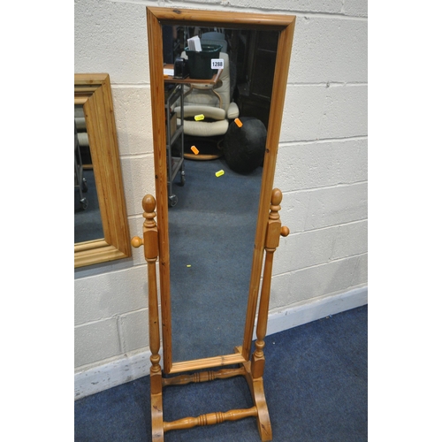 1288 - A REGENCY GILT FRAMED WALL MIRROR, 46cm x 57cm along with a pine cheval mirror, and another wall mir... 