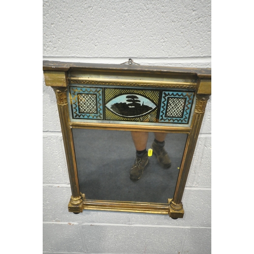 1288 - A REGENCY GILT FRAMED WALL MIRROR, 46cm x 57cm along with a pine cheval mirror, and another wall mir... 