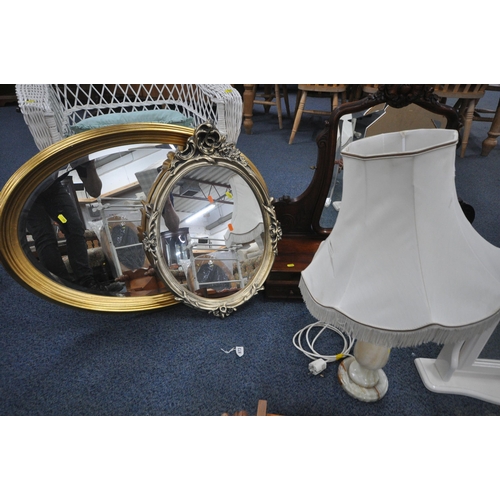 1301 - A SELECTION OF WALL MIRRORS, to include a metal triple dressing mirror, a mahogany swing mirror, a g... 