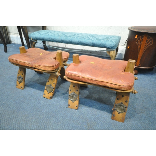 1316 - A SELECTION OF VARIOUS STOOLS, to include an Edwardian piano stool, a pair of camel stools, a long f... 