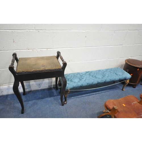 1316 - A SELECTION OF VARIOUS STOOLS, to include an Edwardian piano stool, a pair of camel stools, a long f... 