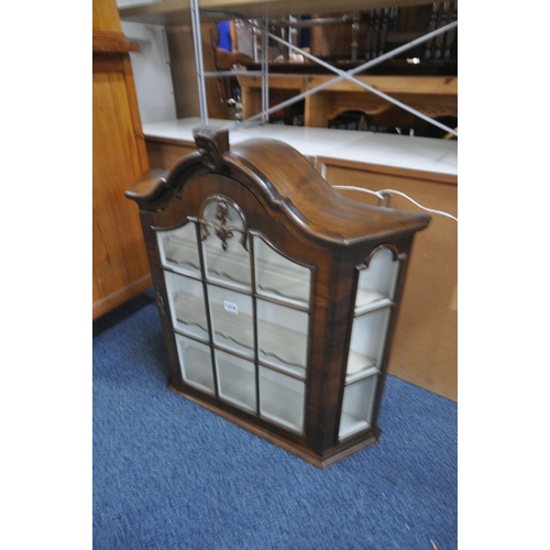 1319 - A MAHOGANY CANTED WALL MOUNTED SINGLE DOOR DISPLAY CABINET, width 68cm x depth 18cm x height 73cm (c... 