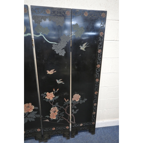 1322 - A BLACK LAQUERED ORIENTAL SIX FOLDING SCREEN, each side showing a different chinoiserie image, each ... 