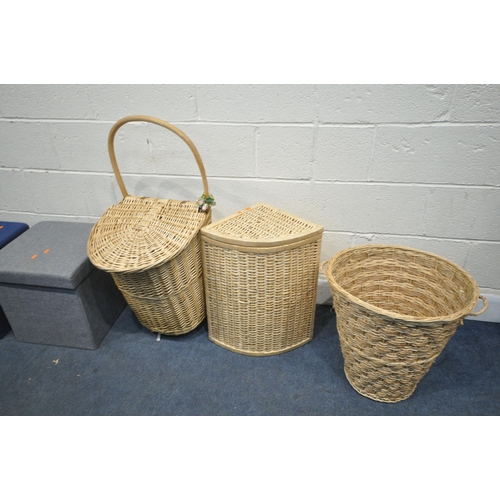 1325 - A THREE WICKER BASKETS, along with three fabric storage stools, and a four piece upright companion s... 