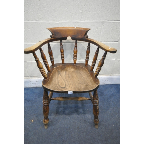 1327 - A STAINED ELM AND BEECH BOW TOP SMOKERS CHAIR (condition report: worn finish)