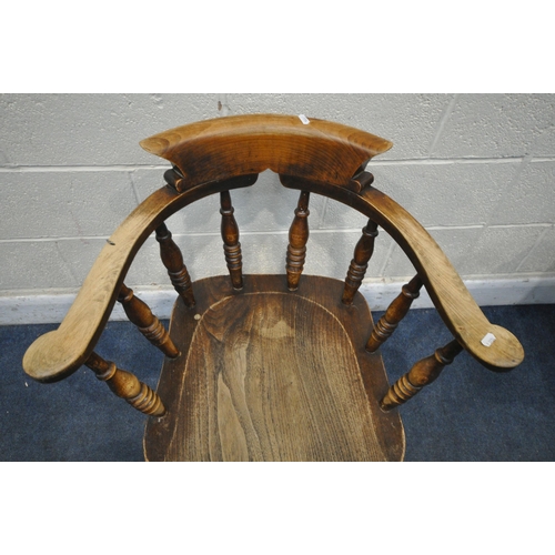 1327 - A STAINED ELM AND BEECH BOW TOP SMOKERS CHAIR (condition report: worn finish)